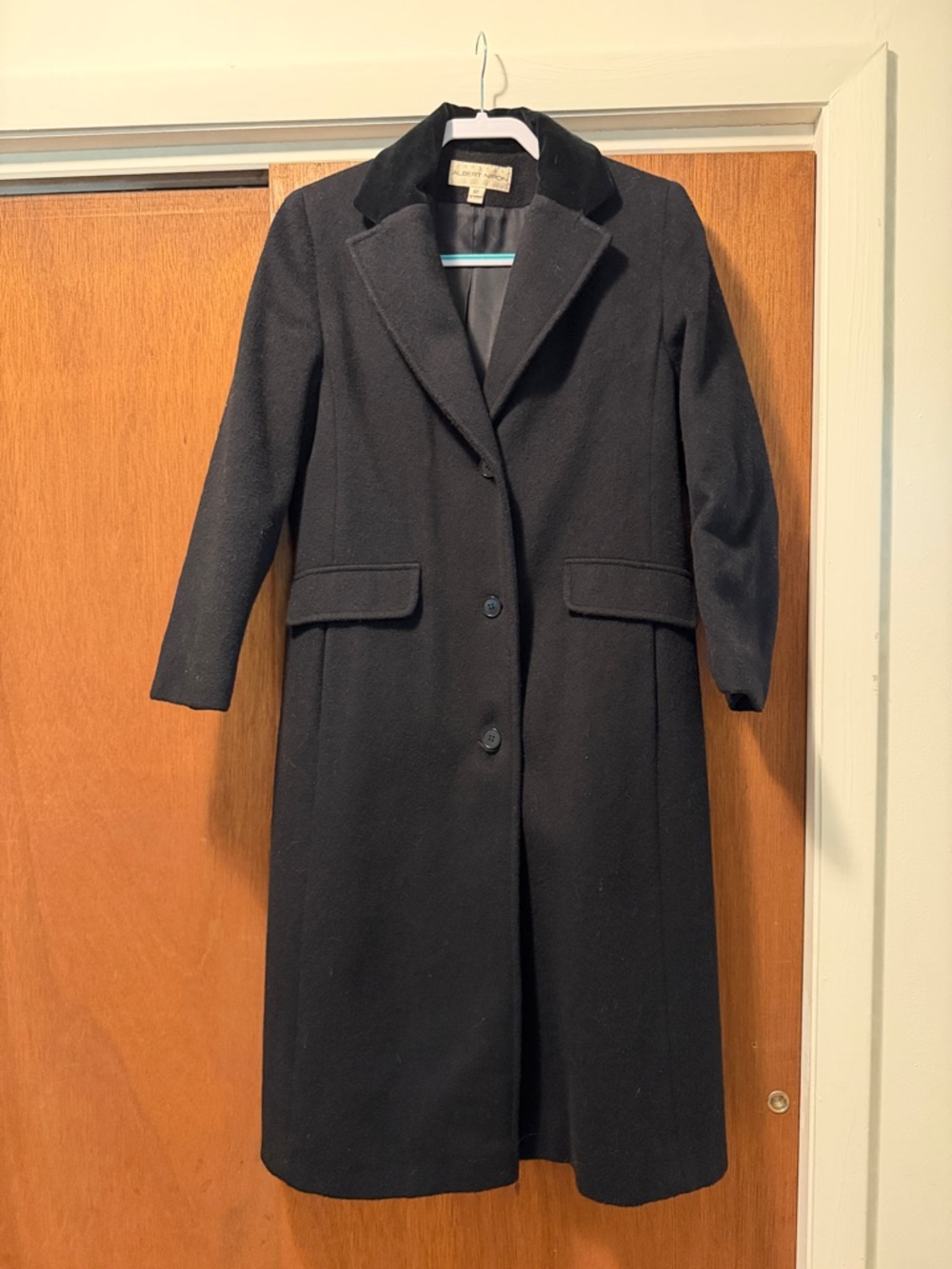 Albert Nipon Black Long Trench Coat with Velvet Collar